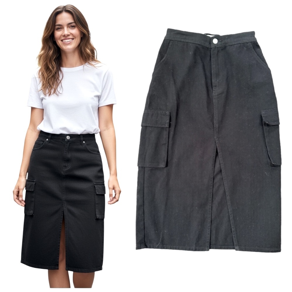 Love Tree Denim Black Cargo Pocket High Waist Split Front Long Maxi Skir…